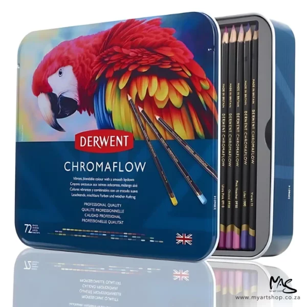 A single Set of 72 Derwent Chromaflow Pencils is shown standing vertically in the center of the frame. There is a reflection of the tin, below the tin. The tin has a picture of a colourful red parrot on the front, with the Derwent Logo and some text describing the contents of the set. The tin is at a slight angle and is slightly open, so you can see some of the pencils inside, The pencils have black barrels with gold text. The image is center of the frame and on a white background.