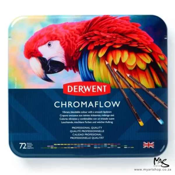 A single Set of 72 Derwent Chromaflow Pencils is shown standing vertically in the center of the frame. There is a reflection of the tin, below the tin. The tin has a picture of a colourful red parrot on the front, with the Derwent Logo and some text describing the contents of the set. The image is center of the frame and on a white background.