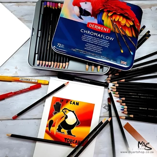 A promotional image containing a Set of 72 Derwent Chromaflow Pencils laying on a drawing of a penguin on a card front that was made using the pencils. The image is cut off by the frame.