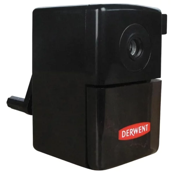 A single Derwent Super Point Mini Manual Sharpener is shown filling the center of the frame. The sharpener is black and has a handle at the back t hat turns the pencil. The red Derwent logo is printed on the pull out drawer of the sharpener. On a white background.