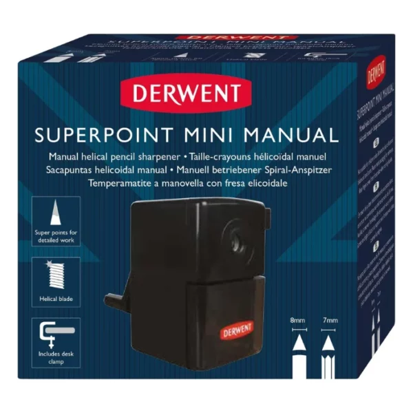 The Derwent Super Point Mini Manual Sharpener is shown in it's box in the center of the frame. The box is blue and has the red Derwent logo printed on it. There is a picture of the sharpener on the box. The sharpener is black and has a pull out mechanism to hold the pencil and an arm to turn the pencil. The image is center of the frame and on a white background. This image shows the front of the box.