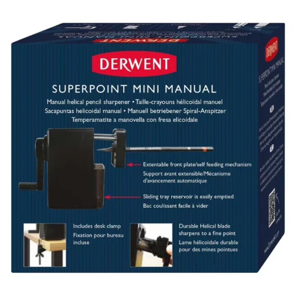 The Derwent Super Point Mini Manual Sharpener is shown in it's box in the center of the frame. The box is blue and has the red Derwent logo printed on it. There is a picture of the sharpener on the box. The sharpener is black and has a pull out mechanism to hold the pencil and an arm to turn the pencil. The image is center of the frame and on a white background. This image shows the back of the box.