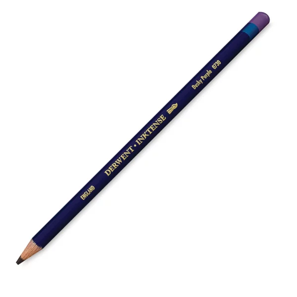 A single Dusky Purple Derwent Inktense Colour Pencil is shown diagonally across the center of the frame. The pencil is pointing with it's lead facing towards the bottom left hand corner. The barrel of the pencil is blue and the end of the pencil is colour dipped to match the colour of the lead for easy identification. There is text down the barrel of the pencil with the colour name and brand name. On a white background.