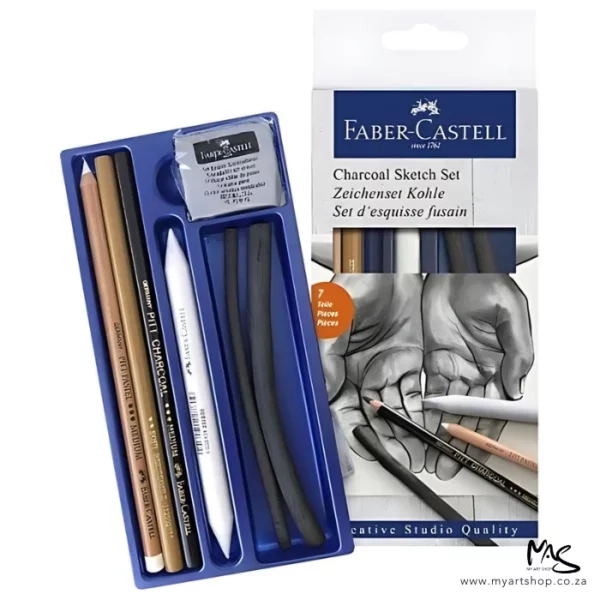 A Faber Castell Charcoal Sketch Set is shown standing vertically along the right hand side of the frame. The set is in a cardboard box with a hang tab top. The box is white and has a picture of two hands opened out on the cover with some pencils shown over the hands. There is text at the top of the packaging. The contents of the set are shown to the left hand side of the frame, overlapping the box. They are in a blue plastic base that holds each piece in place. There are 3 pencils, 2 charcoal sticks, a paper stump and a kneadable eraser. The image is center of the frame and on a white background.