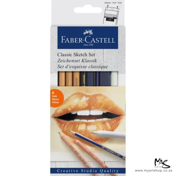 A Faber Castell Classic Sketch Set is shown standing vertically in the center of the frame. The set is in a cardboard box with a hang tab top. The box is white and has a picture of a persons lips on the cover with some pencils shown over the hands. There is text at the top of the packaging. The image is center of the frame and on a white background.