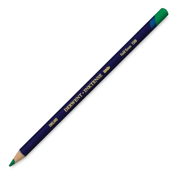 A single Field Green Derwent Inktense Colour Pencil is shown diagonally across the center of the frame. The pencil is pointing with it's lead facing towards the bottom left hand corner. The barrel of the pencil is blue and the end of the pencil is colour dipped to match the colour of the lead for easy identification. There is text down the barrel of the pencil with the colour name and brand name. On a white background.