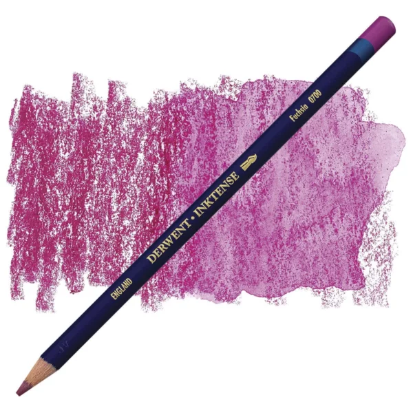 A single Fuchsia Derwent Inktense Colour Pencil is shown diagonally across the center of the frame. The pencil is pointing with it's lead facing towards the bottom left hand corner. The barrel of the pencil is blue and the end of the pencil is colour dipped to match the colour of the lead for easy identification. There is text down the barrel of the pencil with the colour name and brand name. There is a colour swatch of the pencil in the background, that runs horizontally across the center of the frame. The image is center of the frame and on a white background.