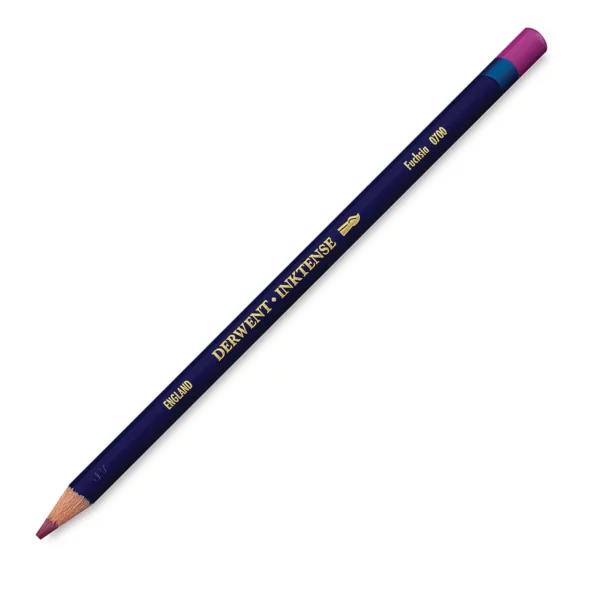 A single Fuchsia Derwent Inktense Colour Pencil is shown diagonally across the center of the frame. The pencil is pointing with it's lead facing towards the bottom left hand corner. The barrel of the pencil is blue and the end of the pencil is colour dipped to match the colour of the lead for easy identification. There is text down the barrel of the pencil with the colour name and brand name. On a white background.