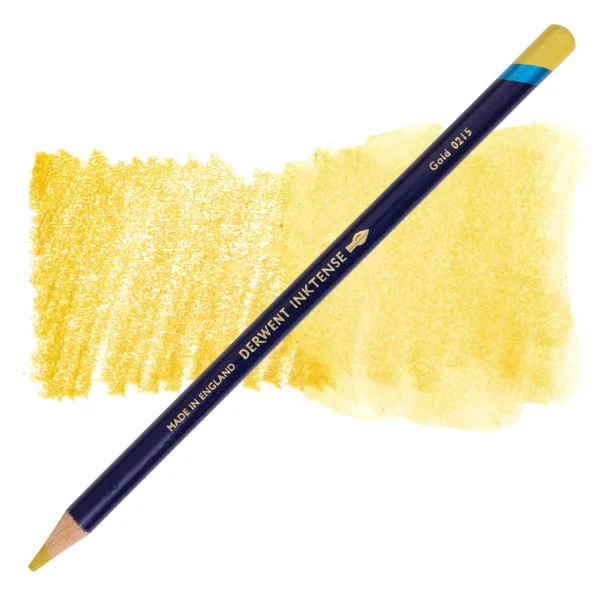 A single Gold Derwent Inktense Colour Pencil is shown diagonally across the center of the frame. The pencil is pointing with it's lead facing towards the bottom left hand corner. The barrel of the pencil is blue and the end of the pencil is colour dipped to match the colour of the lead for easy identification. There is text down the barrel of the pencil with the colour name and brand name. There is a colour swatch of the pencil in the background, that runs horizontally across the center of the frame. The image is center of the frame and on a white background.