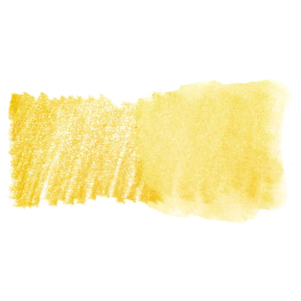 A swatch of a Gold Derwent Inktense Colour Pencil can be seen horizontally, across the center of the frame. On a white background.