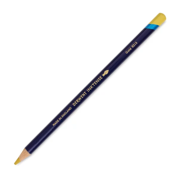 A single Gold Derwent Inktense Colour Pencil is shown diagonally across the center of the frame. The pencil is pointing with it's lead facing towards the bottom left hand corner. The barrel of the pencil is blue and the end of the pencil is colour dipped to match the colour of the lead for easy identification. There is text down the barrel of the pencil with the colour name and brand name. On a white background.