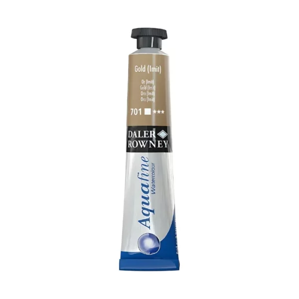 There is a single tube of Gold Imitation Daler Rowney Aquafine Watercolour standing vertically in the center of the frame. The tube is silver with a black screw on lid. The bottom of the tube has the blue Aquafine logo on it, then there is a black strip around the body of the tube with the Daler Rowney logo and above that is a colour strip which indicates the colour of the paint inside and has the colour details printed on it. The image is center of the frame and on a white background.