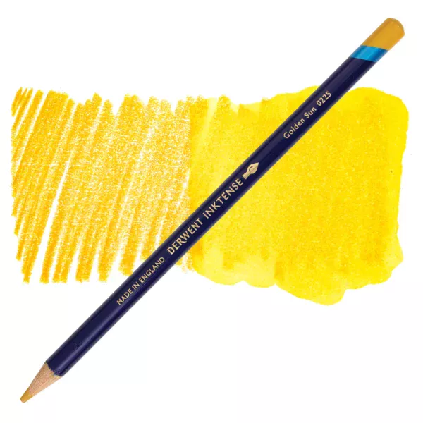 A single Golden Sun Derwent Inktense Colour Pencil is shown diagonally across the center of the frame. The pencil is pointing with it's lead facing towards the bottom left hand corner. The barrel of the pencil is blue and the end of the pencil is colour dipped to match the colour of the lead for easy identification. There is text down the barrel of the pencil with the colour name and brand name. There is a colour swatch of the pencil in the background, that runs horizontally across the center of the frame. The image is center of the frame and on a white background.
