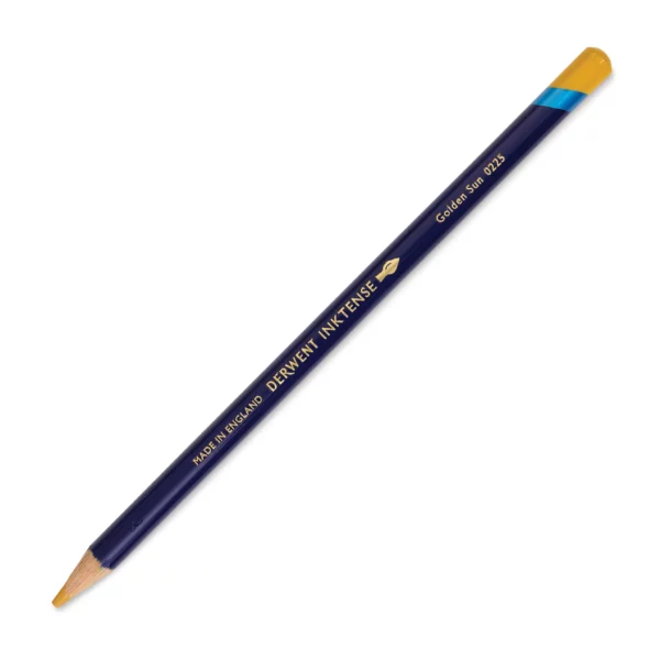 A single Golden Sun Derwent Inktense Colour Pencil is shown diagonally across the center of the frame. The pencil is pointing with it's lead facing towards the bottom left hand corner. The barrel of the pencil is blue and the end of the pencil is colour dipped to match the colour of the lead for easy identification. There is text down the barrel of the pencil with the colour name and brand name. On a white background.