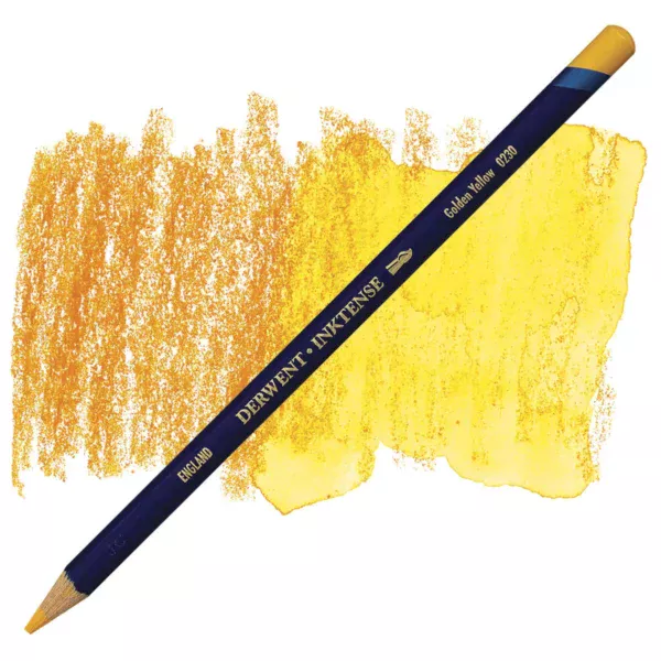 A single Golden Yellow Derwent Inktense Colour Pencil is shown diagonally across the center of the frame. The pencil is pointing with it's lead facing towards the bottom left hand corner. The barrel of the pencil is blue and the end of the pencil is colour dipped to match the colour of the lead for easy identification. There is text down the barrel of the pencil with the colour name and brand name. There is a colour swatch of the pencil in the background, that runs horizontally across the center of the frame. The image is center of the frame and on a white background.