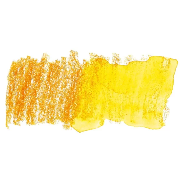 A swatch of a Golden Yellow Derwent Inktense Colour Pencil can be seen horizontally, across the center of the frame. On a white background.