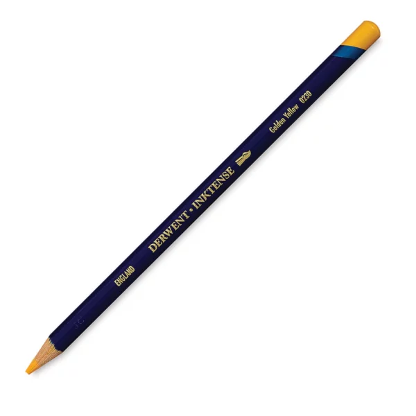 A single Golden Yellow Derwent Inktense Colour Pencil is shown diagonally across the center of the frame. The pencil is pointing with it's lead facing towards the bottom left hand corner. The barrel of the pencil is blue and the end of the pencil is colour dipped to match the colour of the lead for easy identification. There is text down the barrel of the pencil with the colour name and brand name. On a white background.