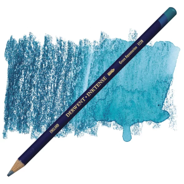 A single Green Aquamarine Derwent Inktense Colour Pencil is shown diagonally across the center of the frame. The pencil is pointing with it's lead facing towards the bottom left hand corner. The barrel of the pencil is blue and the end of the pencil is colour dipped to match the colour of the lead for easy identification. There is text down the barrel of the pencil with the colour name and brand name. There is a colour swatch of the pencil in the background, that runs horizontally across the center of the frame. The image is center of the frame and on a white background.