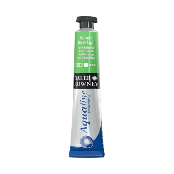 There is a single tube of Hookers Green Light Daler Rowney Aquafine Watercolour standing vertically in the center of the frame. The tube is silver with a black screw on lid. The bottom of the tube has the blue Aquafine logo on it, then there is a black strip around the body of the tube with the Daler Rowney logo and above that is a colour strip which indicates the colour of the paint inside and has the colour details printed on it. The image is center of the frame and on a white background.