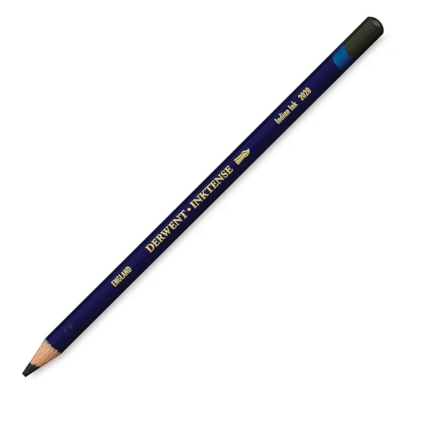 A single Indian Ink Derwent Inktense Colour Pencil is shown diagonally across the center of the frame. The pencil is pointing with it's lead facing towards the bottom left hand corner. The barrel of the pencil is blue and the end of the pencil is colour dipped to match the colour of the lead for easy identification. There is text down the barrel of the pencil with the colour name and brand name. On a white background.