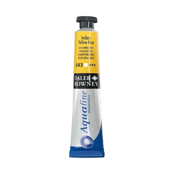 There is a single tube of Indian Yellow Daler Rowney Aquafine Watercolour standing vertically in the center of the frame. The tube is silver with a black screw on lid. The bottom of the tube has the blue Aquafine logo on it, then there is a black strip around the body of the tube with the Daler Rowney logo and above that is a colour strip which indicates the colour of the paint inside and has the colour details printed on it. The image is center of the frame and on a white background.