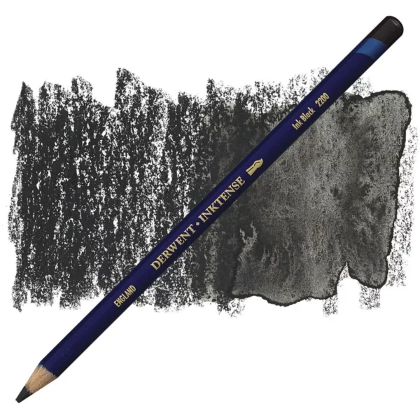 A single Ink Black Derwent Inktense Colour Pencil is shown diagonally across the center of the frame. The pencil is pointing with it's lead facing towards the bottom left hand corner. The barrel of the pencil is blue and the end of the pencil is colour dipped to match the colour of the lead for easy identification. There is text down the barrel of the pencil with the colour name and brand name. There is a colour swatch of the pencil in the background, that runs horizontally across the center of the frame. The image is center of the frame and on a white background.