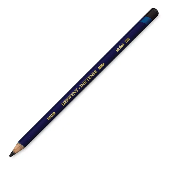 A single Ink Black Derwent Inktense Colour Pencil is shown diagonally across the center of the frame. The pencil is pointing with it's lead facing towards the bottom left hand corner. The barrel of the pencil is blue and the end of the pencil is colour dipped to match the colour of the lead for easy identification. There is text down the barrel of the pencil with the colour name and brand name. On a white background.