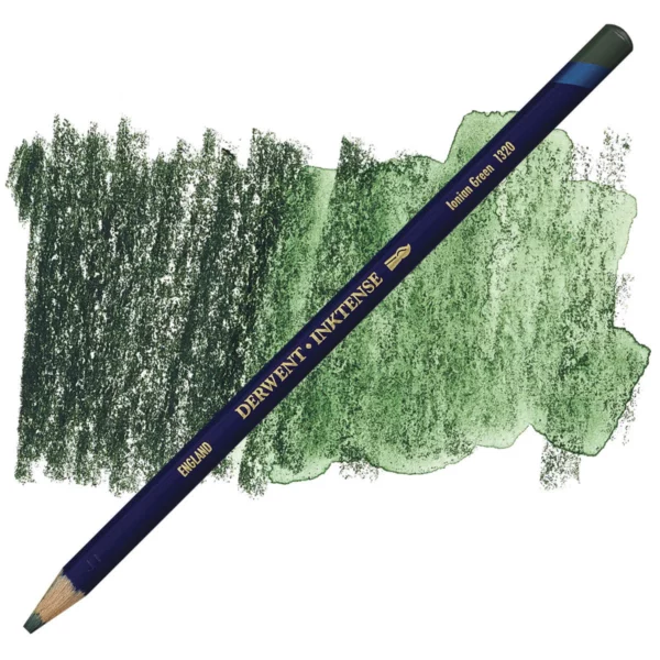 A single Ionian Green Derwent Inktense Colour Pencil is shown diagonally across the center of the frame. The pencil is pointing with it's lead facing towards the bottom left hand corner. The barrel of the pencil is blue and the end of the pencil is colour dipped to match the colour of the lead for easy identification. There is text down the barrel of the pencil with the colour name and brand name. There is a colour swatch of the pencil in the background, that runs horizontally across the center of the frame. The image is center of the frame and on a white background.