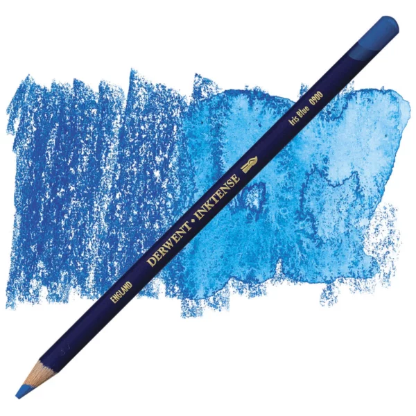 A single Iris Blue Derwent Inktense Colour Pencil is shown diagonally across the center of the frame. The pencil is pointing with it's lead facing towards the bottom left hand corner. The barrel of the pencil is blue and the end of the pencil is colour dipped to match the colour of the lead for easy identification. There is text down the barrel of the pencil with the colour name and brand name. There is a colour swatch of the pencil in the background, that runs horizontally across the center of the frame. The image is center of the frame and on a white background.