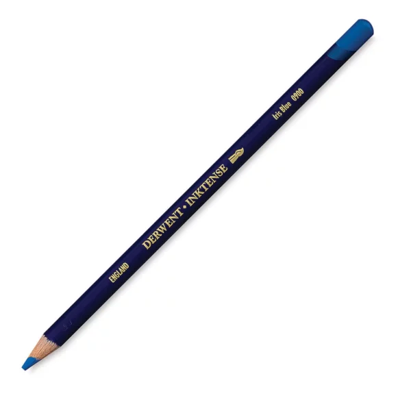 A single Iris Blue Derwent Inktense Colour Pencil is shown diagonally across the center of the frame. The pencil is pointing with it's lead facing towards the bottom left hand corner. The barrel of the pencil is blue and the end of the pencil is colour dipped to match the colour of the lead for easy identification. There is text down the barrel of the pencil with the colour name and brand name. On a white background.