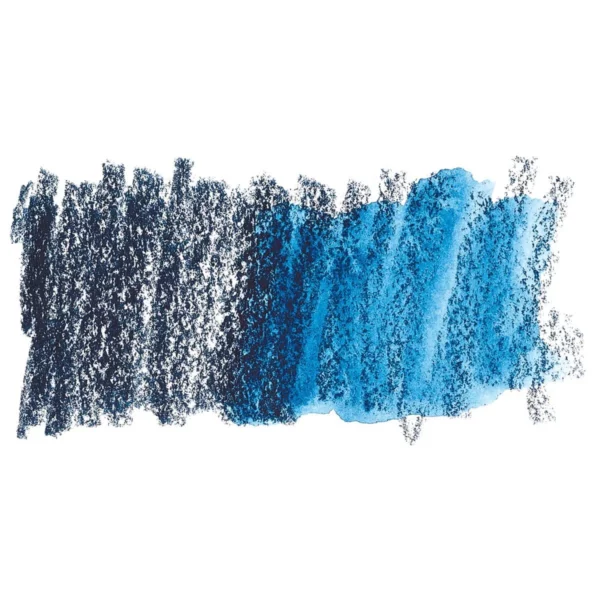 A swatch of a Iron Blue Derwent Inktense Colour Pencil can be seen horizontally, across the center of the frame. On a white background.