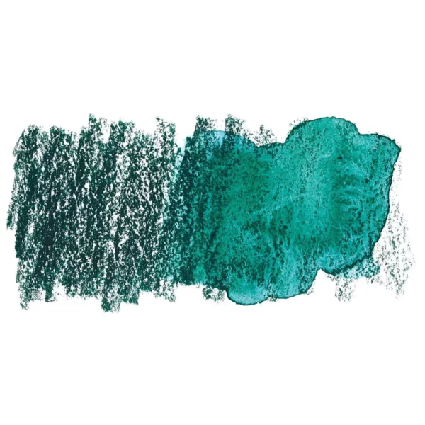 A swatch of a Iron Green Derwent Inktense Colour Pencil can be seen horizontally, across the center of the frame. On a white background.