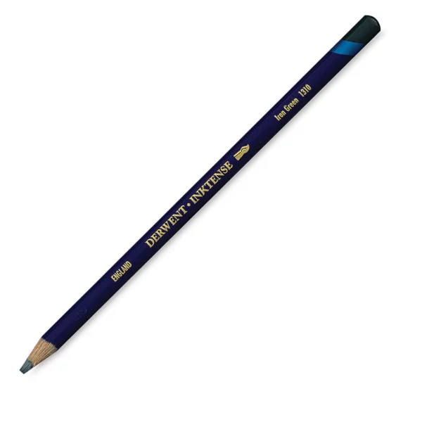 A single Iron Green Derwent Inktense Colour Pencil is shown diagonally across the center of the frame. The pencil is pointing with it's lead facing towards the bottom left hand corner. The barrel of the pencil is blue and the end of the pencil is colour dipped to match the colour of the lead for easy identification. There is text down the barrel of the pencil with the colour name and brand name. On a white background.