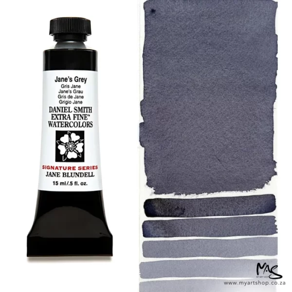 A tube of Janes Grey S2 Daniel Smith Watercolour Paint is shown in the frame, to the left hand side of the frame vertically. The tube has a black plastic cap and a black base. The center of the tube is white and there is a colour band at the top of the tube, below the cap, that indicates the colour of the paint. There is black text on the front of the tube with the brand name and logo. To the right of the tube is a colour swatch which was made using the paint. In the colour swatch, you can see the paint undiluted and in a diluted form. The image is on a white background and is center of the frame.