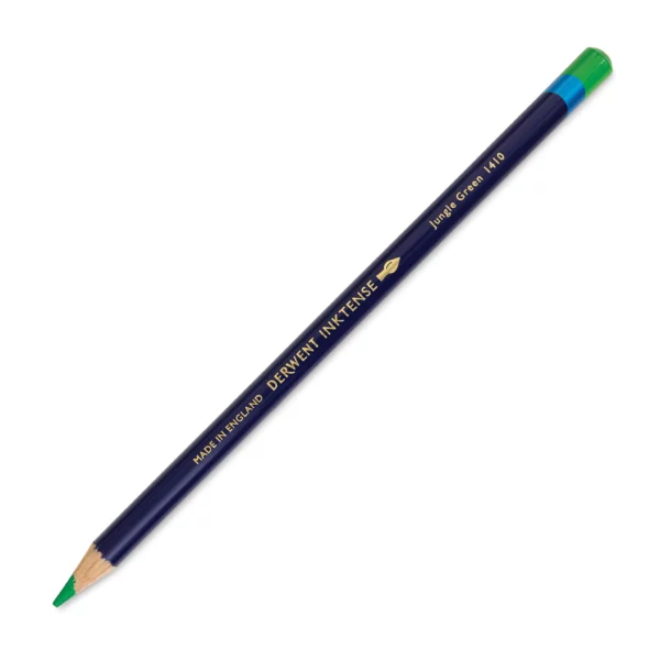 A single Jungle Green Derwent Inktense Colour Pencil is shown diagonally across the center of the frame. The pencil is pointing with it's lead facing towards the bottom left hand corner. The barrel of the pencil is blue and the end of the pencil is colour dipped to match the colour of the lead for easy identification. There is text down the barrel of the pencil with the colour name and brand name. On a white background.