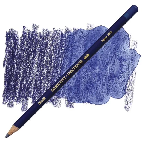 A single Lagoon Derwent Inktense Colour Pencil is shown diagonally across the center of the frame. The pencil is pointing with it's lead facing towards the bottom left hand corner. The barrel of the pencil is blue and the end of the pencil is colour dipped to match the colour of the lead for easy identification. There is text down the barrel of the pencil with the colour name and brand name. There is a colour swatch of the pencil in the background, that runs horizontally across the center of the frame. The image is center of the frame and on a white background.