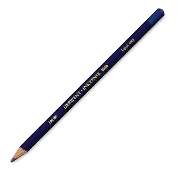 A single Lagoon Derwent Inktense Colour Pencil is shown diagonally across the center of the frame. The pencil is pointing with it's lead facing towards the bottom left hand corner. The barrel of the pencil is blue and the end of the pencil is colour dipped to match the colour of the lead for easy identification. There is text down the barrel of the pencil with the colour name and brand name. On a white background.