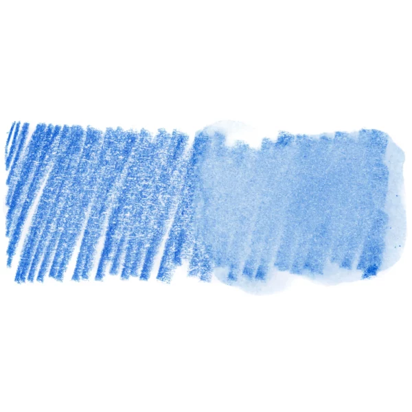 A swatch of a Lapis Blue Derwent Inktense Colour Pencil can be seen horizontally, across the center of the frame. On a white background.