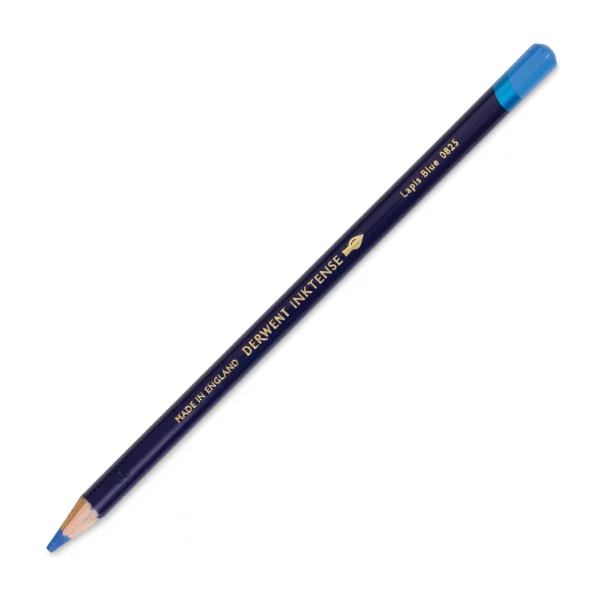 A single Lapis Blue Derwent Inktense Colour Pencil is shown diagonally across the center of the frame. The pencil is pointing with it's lead facing towards the bottom left hand corner. The barrel of the pencil is blue and the end of the pencil is colour dipped to match the colour of the lead for easy identification. There is text down the barrel of the pencil with the colour name and brand name. On a white background.