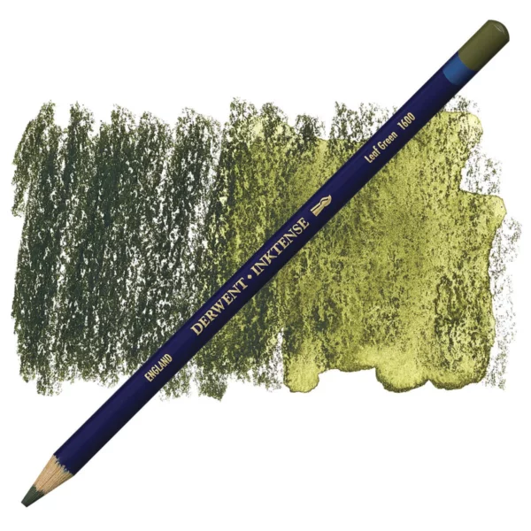 A single Leaf Green Derwent Inktense Colour Pencil is shown diagonally across the center of the frame. The pencil is pointing with it's lead facing towards the bottom left hand corner. The barrel of the pencil is blue and the end of the pencil is colour dipped to match the colour of the lead for easy identification. There is text down the barrel of the pencil with the colour name and brand name. There is a colour swatch of the pencil in the background, that runs horizontally across the center of the frame. The image is center of the frame and on a white background.