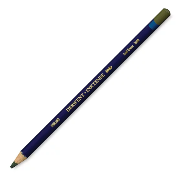 A single Leaf Green Derwent Inktense Colour Pencil is shown diagonally across the center of the frame. The pencil is pointing with it's lead facing towards the bottom left hand corner. The barrel of the pencil is blue and the end of the pencil is colour dipped to match the colour of the lead for easy identification. There is text down the barrel of the pencil with the colour name and brand name. On a white background.