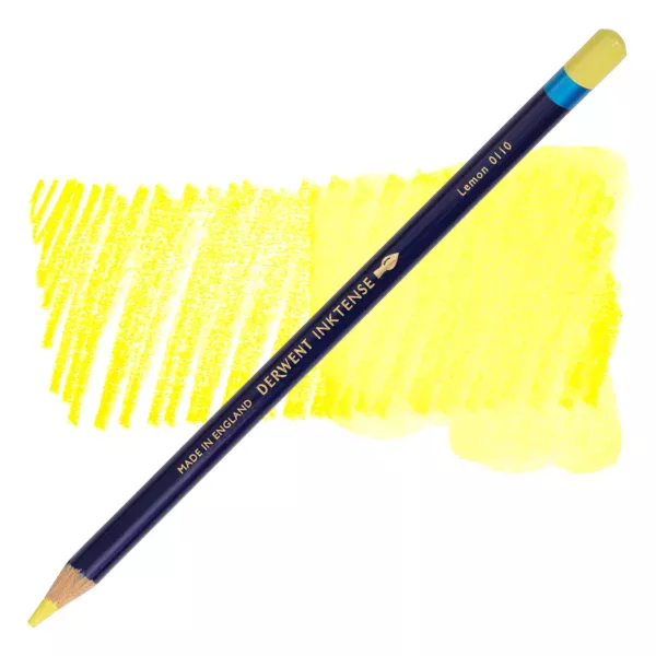 A single Lemon Derwent Inktense Colour Pencil is shown diagonally across the center of the frame. The pencil is pointing with it's lead facing towards the bottom left hand corner. The barrel of the pencil is blue and the end of the pencil is colour dipped to match the colour of the lead for easy identification. There is text down the barrel of the pencil with the colour name and brand name. There is a colour swatch of the pencil in the background, that runs horizontally across the center of the frame. The image is center of the frame and on a white background.
