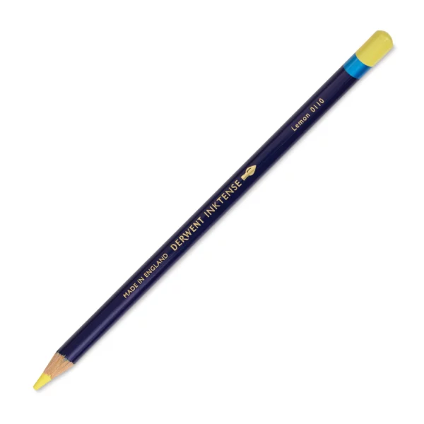 A single Lemon Derwent Inktense Colour Pencil is shown diagonally across the center of the frame. The pencil is pointing with it's lead facing towards the bottom left hand corner. The barrel of the pencil is blue and the end of the pencil is colour dipped to match the colour of the lead for easy identification. There is text down the barrel of the pencil with the colour name and brand name. On a white background.