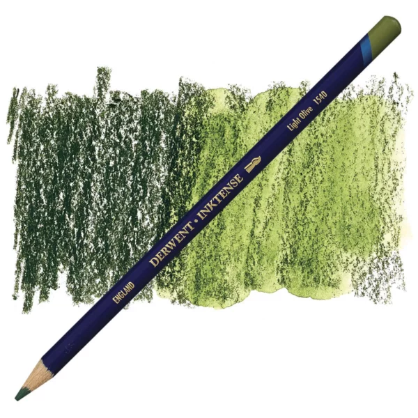 A single Light Olive Derwent Inktense Colour Pencil is shown diagonally across the center of the frame. The pencil is pointing with it's lead facing towards the bottom left hand corner. The barrel of the pencil is blue and the end of the pencil is colour dipped to match the colour of the lead for easy identification. There is text down the barrel of the pencil with the colour name and brand name. There is a colour swatch of the pencil in the background, that runs horizontally across the center of the frame. The image is center of the frame and on a white background.