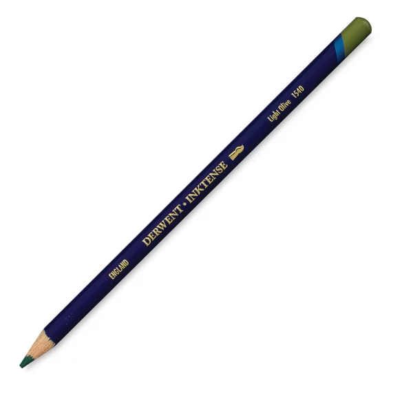 A single Light Olive Derwent Inktense Colour Pencil is shown diagonally across the center of the frame. The pencil is pointing with it's lead facing towards the bottom left hand corner. The barrel of the pencil is blue and the end of the pencil is colour dipped to match the colour of the lead for easy identification. There is text down the barrel of the pencil with the colour name and brand name. On a white background.