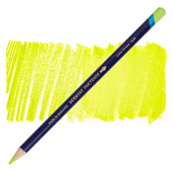 A single Lime Green Derwent Inktense Colour Pencil is shown diagonally across the center of the frame. The pencil is pointing with it's lead facing towards the bottom left hand corner. The barrel of the pencil is blue and the end of the pencil is colour dipped to match the colour of the lead for easy identification. There is text down the barrel of the pencil with the colour name and brand name. There is a colour swatch of the pencil in the background, that runs horizontally across the center of the frame. The image is center of the frame and on a white background.