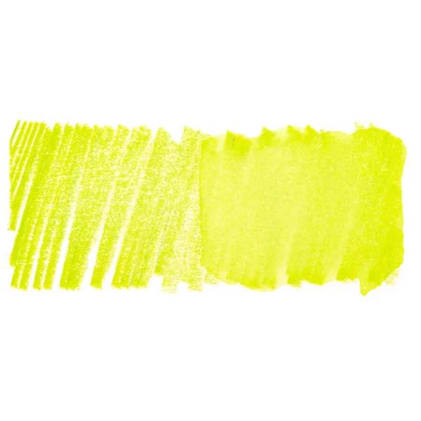 A swatch of a Lime Green Derwent Inktense Colour Pencil can be seen horizontally, across the center of the frame. On a white background.