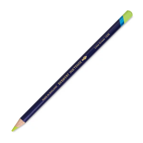 A single Lime Green Derwent Inktense Colour Pencil is shown diagonally across the center of the frame. The pencil is pointing with it's lead facing towards the bottom left hand corner. The barrel of the pencil is blue and the end of the pencil is colour dipped to match the colour of the lead for easy identification. There is text down the barrel of the pencil with the colour name and brand name. On a white background.