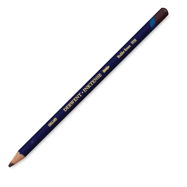 A single Madder Brown Derwent Inktense Colour Pencil is shown diagonally across the center of the frame. The pencil is pointing with it's lead facing towards the bottom left hand corner. The barrel of the pencil is blue and the end of the pencil is colour dipped to match the colour of the lead for easy identification. There is text down the barrel of the pencil with the colour name and brand name. On a white background.