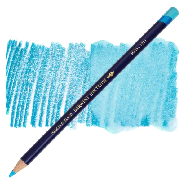 A single Malibu Derwent Inktense Colour Pencil is shown diagonally across the center of the frame. The pencil is pointing with it's lead facing towards the bottom left hand corner. The barrel of the pencil is blue and the end of the pencil is colour dipped to match the colour of the lead for easy identification. There is text down the barrel of the pencil with the colour name and brand name. There is a colour swatch of the pencil in the background, that runs horizontally across the center of the frame. The image is center of the frame and on a white background.